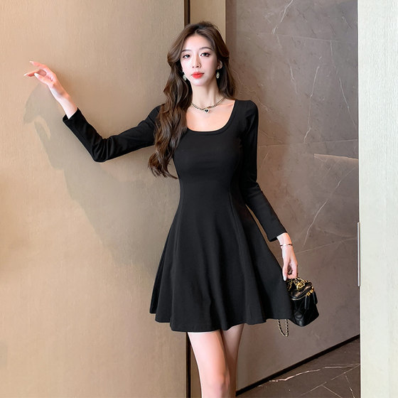 
Hot girl U-neck A-line dress pure sexy short skirt long sleeve bottom waist slim fit high waist small black skirt