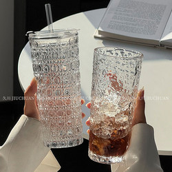 Large-Capacity Transparent Glass Cup with Lid and Straw, High-Looking Female Office Water Cup, Iced American Latte Coffee Cup