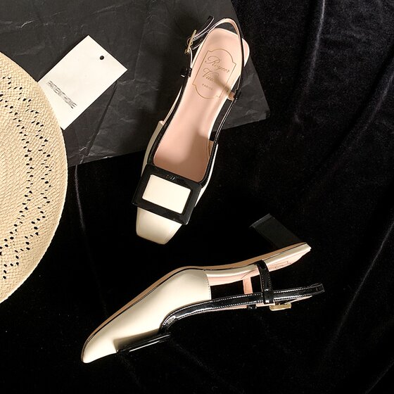 
RV classic metal square buckle thick heel color-blocking fashion sandals 4.5CM high heels bag patent leather women's summer commuting