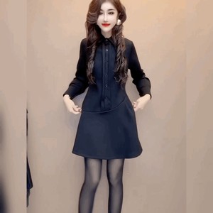 
Retro leopard print polo collar long-sleeved dress women's ruffled waist slimming shirt dress design a-line skirt