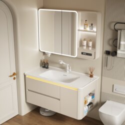 Arc-Shaped Side Bathroom Cabinet with Integrated Ceramic Basin, Washbasin Cabinet Combination, Bathroom Vanity with Honeycomb Aluminum Cabinet