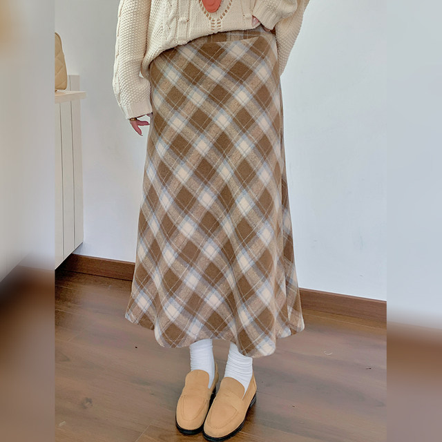 Winter atmosphere plaid skirt for women 2024 new large size high waist sweet style Korean mid-length A-line skirt