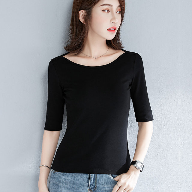 Black threaded cotton one-line collar mid-sleeve t-shirt for women ...