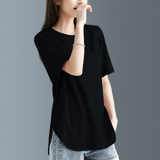Black irregular modal cotton short-sleeved T-shirt for women in summer solid color loose large size design niche t-shirt
