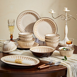 French Retro Bowl and Plate Set 2026 New High-Value Bowl and Plate Set for Home Use Underglaze Color Bowl and Plate Set for Home Use