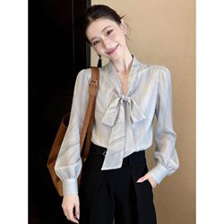 French-Style Light Mature Bow-Tie V-Neck Chiffon Shirt for Women, 2026 Spring and Summer New Style, Unique and Elegant Top