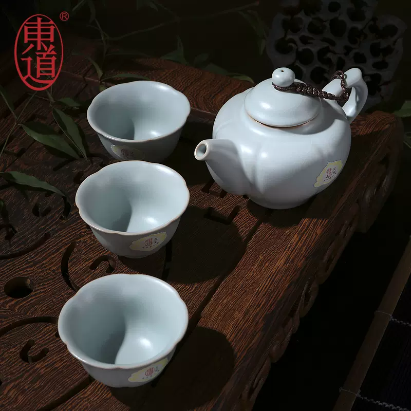 正品东道汝窑中葵小套装一壶三杯茶组天青色开片茶具精品礼盒装-Taobao