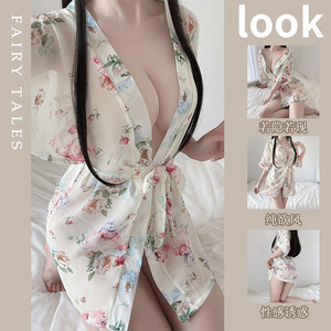 2023 new women's summer thin ice silk chiffon short sleeved kimono pajamas sexy pure desire morning robe bathrobe