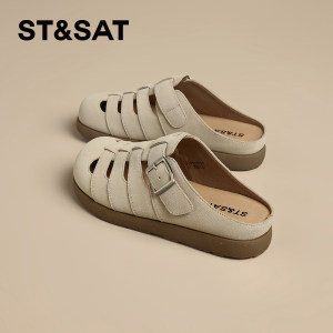
Saturday genuine leather bag-toe slippers for women summer 2025 summer new soft-soled Roman sandals mules bucken half-drag