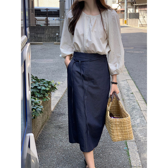 Da Ai's Palace denim cotton skirt for women 2024 summer new fashion simple strap commuter mid-length skirt