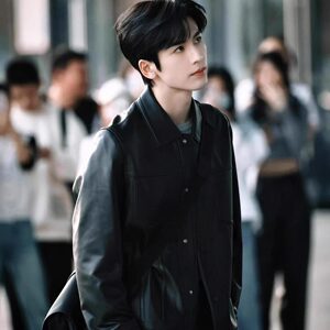 
Zhang Linghe star-like men's black autumn and winter high-end imitation leather jacket for business casual versatile lapel leather jacket