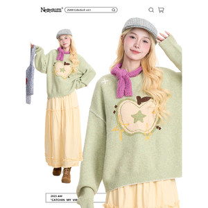 NERESUM Apple jacquard round neck sweater for women in autumn and winter new lazy style age-reducing warm pullover knitted sweater