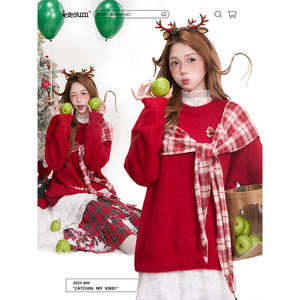 
NERESUM plaid bow stitched pullover sweater for women in winter retro lazy warm red knitted top