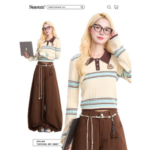 
NERESUM college style Polo collar pullover sweater for women's retro contrasting autumn and winter American short knitted top