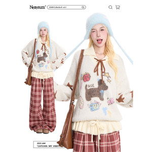 NERESUM cartoon puppy Japanese style pullover sweater for women, age-reducing and lazy inner wear, loose POLO collar sweater