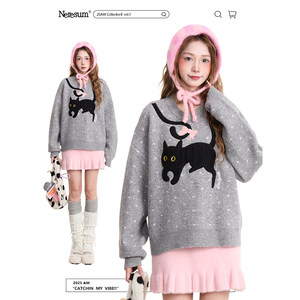 
NERESUM little black cat jacquard pullover sweater for women in winter, sweet, soft, lazy, loose and warm sweater