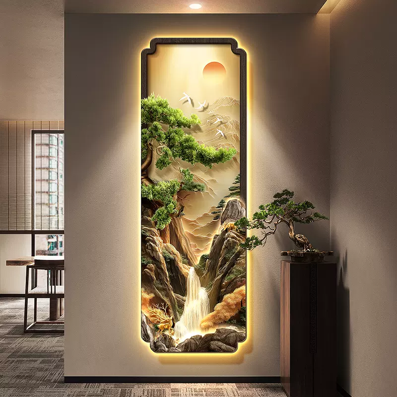 旭日东升玄关装饰画浮雕流水生财走廊挂画迎客松入户