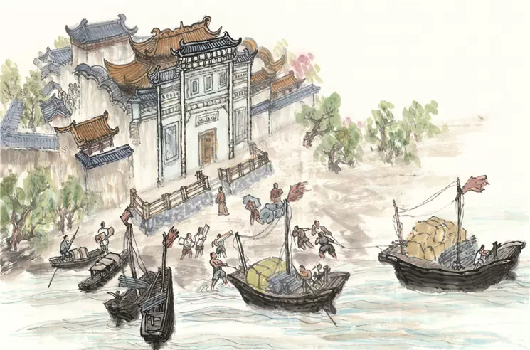 山水尺三尺 靭生画 四尺三开国画精品山水【码头】未装裱印刷品装饰画(P)