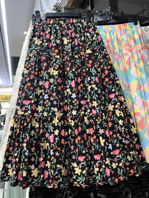 Korean sweet style black floral skirt casual cotton umbrella skirt A-line puff printed midi skirt