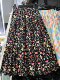 Korean sweet style black floral skirt casual cotton umbrella skirt A-line puff printed midi skirt