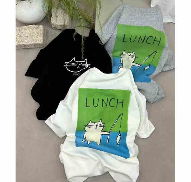 Be good 2025 spring and summer new loose large version cartoon cat printed short-sleeved T-shirt for women