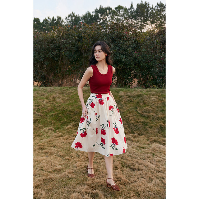 HeyDress French printed skirt for women in summer high waist loose A-line pleated skirt gentle temperament skirt