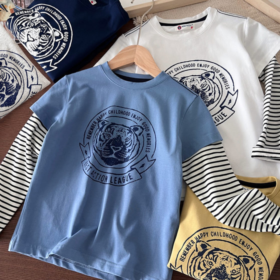 
[Year-End Clearance] Pure Cotton Fake Two-Piece T-Shirt Boys' Round Neck Long-Sleeved Bottoming Shirt Medium and Large Children's Striped Sleeve Top