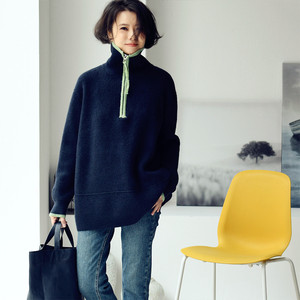 Free shipping M1201C Korean style casual simple color-blocked half-zip loose turtleneck versatile pullover sweater for women winter