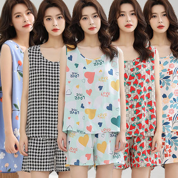 Summer sleeveless vest pure cotton silk pajamas short sleeves two -piece set of women in summer sling thin artificial cotton home uniform
