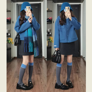 Advanced Korean Claine Blue Short Mao Woors Jacket Female Autumn and Winter New Small Leisure Fashion Coat
