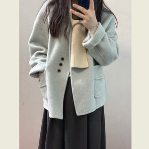 
Small blue round neck short woolen coat for women autumn and winter Korean style loose slimming and age-reducing woolen coat