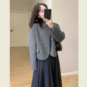 
Korean style Hepburn style gray short woolen coat autumn and winter small double-breasted round neck short woolen top