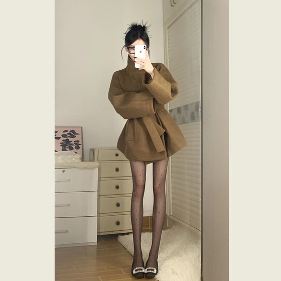 
Maillard Style Brown Stand Collar Mid-Length Woolen Coat Women's Autumn and Winter Small Lace-Up Profile Woolen Coat