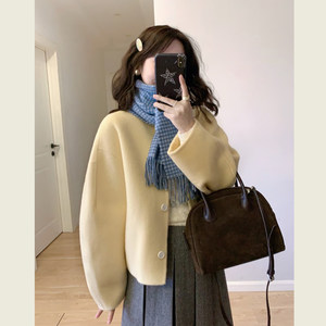 
Gentle style yellow short age-reducing woolen coat women's autumn and winter clothing small round neck single-breasted woolen coat