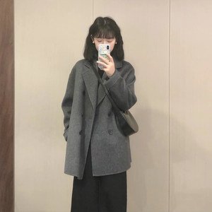 
Korean high-end temperament gray loose woolen coat for small people with tall woolen coat for women mid-length
