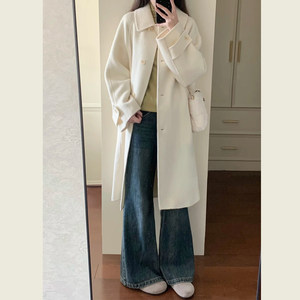 Korean chic autumn and winter small gentle style beige woolen coat loose mid-length woolen coat women
