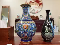 1571  景泰藍　花瓶2客　花台2客付き　骨董　時代物 1571 景泰藍 花瓶2客 花台2客付き 骨董 時代物