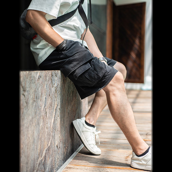 Shijue gray black retro pure cotton knitted workwear shorts men's loose trendy five-point pants for men's sports summer thin style