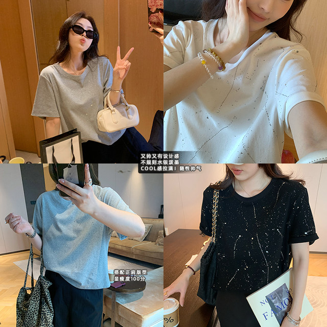 
NAZ large size cotton and ammonia blended fashionable sequins casual versatile T-shirt fat mm summer short-sleeved loose top