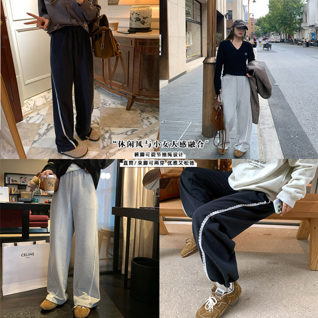 NAZ's large size early spring new lace spliced ​​loose lazy hoodies fat mm high waist straight women's casual pants