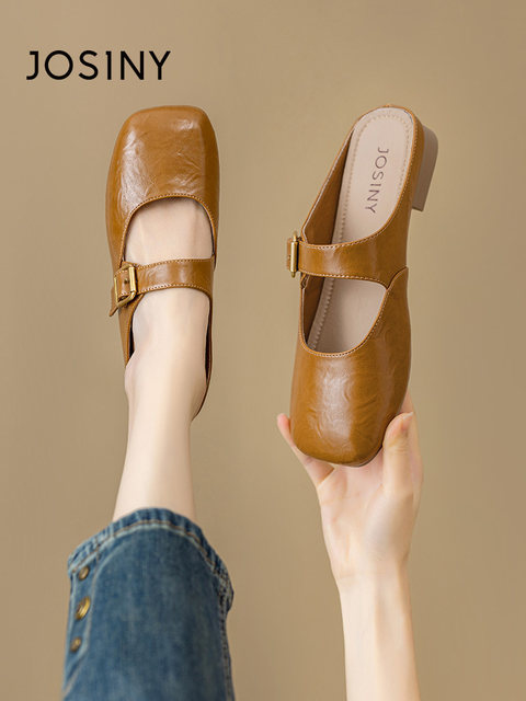 Zhuoshini Baotou Slippers for women wearing 2025 new retro flat-sole Berken square-toe semi-trapping soft-sole lazy shoes