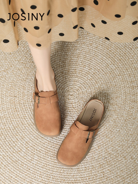 Zhuoshini leather-faced Birkenstock shoes for women 2025 summer new style bag-toe half-slippers wear versatile and one-foot-punch Muller-drag