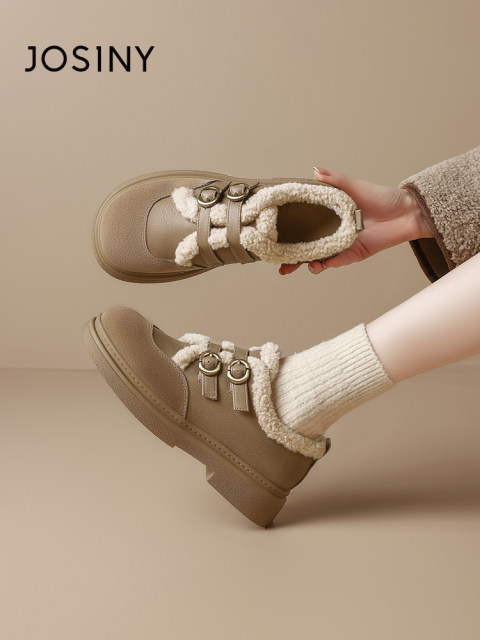 Zhuosiniga fleece snow boots for women's brown 2024 autumn and winter small leather shoes new warm fur shoes Northeast cotton shoes