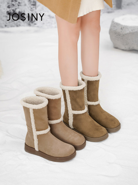 Zhuosini mid-tube snow boots for women brown thick-soled color-blocking boots 2025 new spring and autumn two-wear plus velvet boots for women