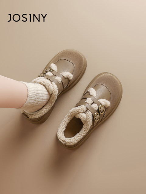 Zhuosiniga fleece snow boots for women's brown 2024 autumn and winter small leather shoes new warm fur shoes Northeast cotton shoes