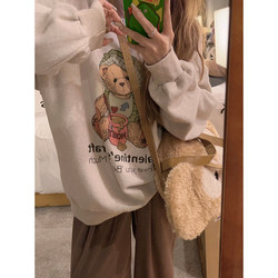 Yukiss American Retro Fleece-Lined Bear Sweatshirt for Women, Autumn Loose Fit, Soft and Comfortable, Lazy Style Top Jacket