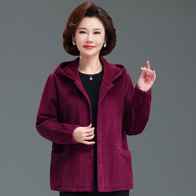 Middle-aged and elderly women's spring and autumn corduroy loose cotton windbreaker new coat solid color hooded jacket corduroy
