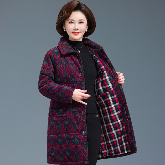 New middle-aged and elderly women's pure cotton mother's winter clothing thickened mid-length cotton clothes jacket loose lapel large size cotton jacket