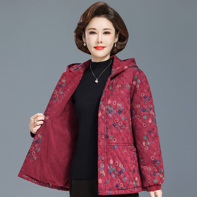 Middle-aged and elderly mothers' autumn and winter quilted and velvet coats grandma's pure cotton tops fashionable loose tops and hooded cotton-padded jackets