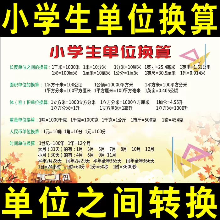 小学数学单位换算表长度重量面积容量学校班级启蒙幼儿教育墙贴